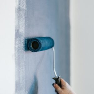 closeup shot of a female using paint rollers with the color blue